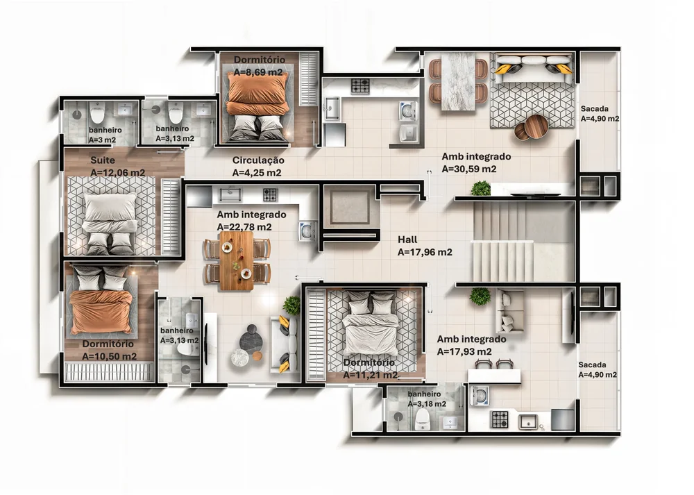 Planta do andar-tipo com três unidades: um apartamento com suíte e dormitório e dois studios, todos com ambientes integrados