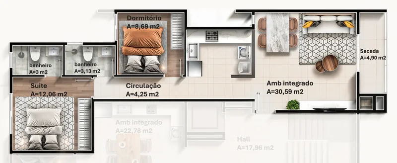 Planta do apartamento de 2 dormitórios com suíte, 75 m²