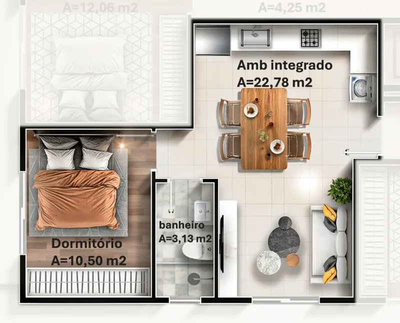 Planta do studio de 40 m² com dormitório separado