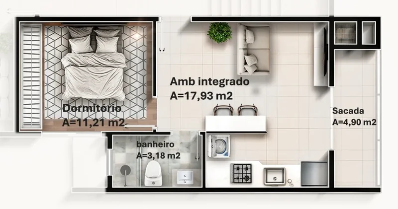 Planta do studio de 43 m² com dormitório separado e sacada