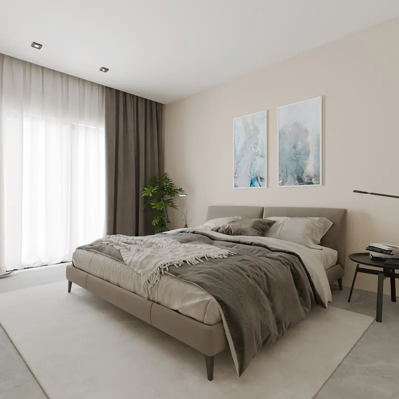 Dormitório com cama de casal, cortinas e piso claro