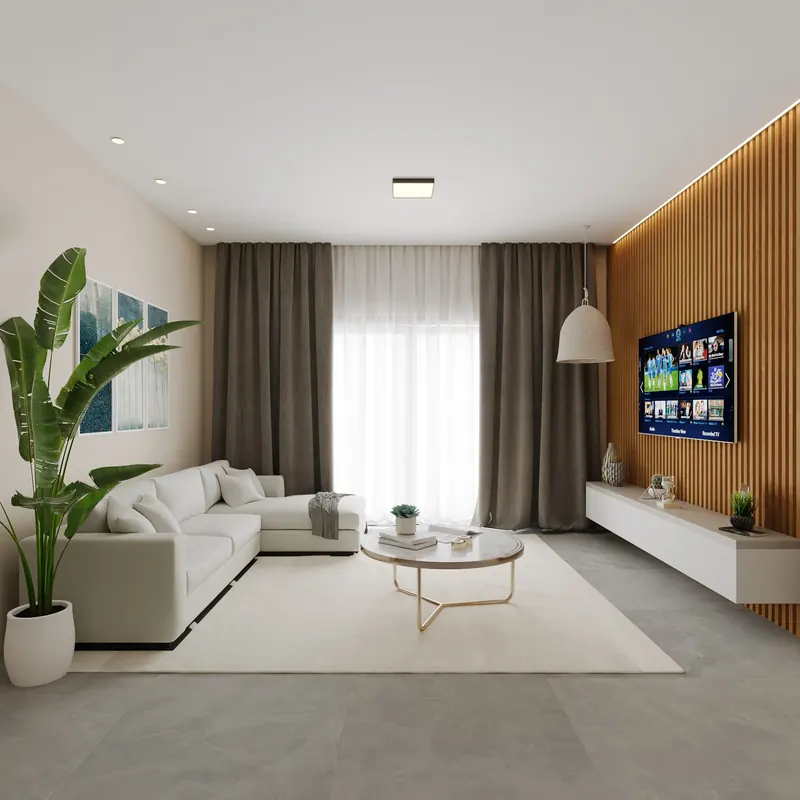 Sala com sofá em L, painel ripado e cortinas até o teto